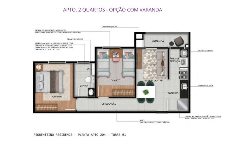 APTO. 2 QUARTOS - OPÇÃO COM VARANDA