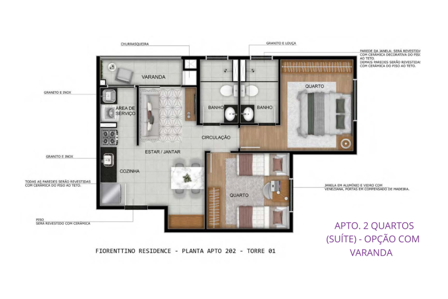 APTO. 2 QUARTOS (SUÍTE) - OPÇÃO COM VARANDA