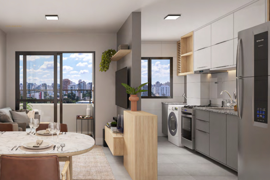 SALA, COZINHA E VARANDA INTEGRADAS